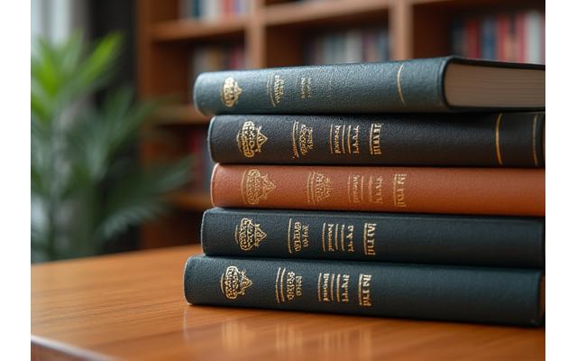 Close-up of a stack of academic books and professional certification plaques on a polished wooden desk, with a soft blur of a modern office environment in the background, symbolizing knowledge and accreditation.