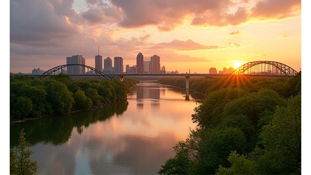 Panoramic view of the Austin skyline at golden hour with the Colorado River at the forefront, symbolizing growth, tranquility, and community connection. Soft, ambient lighting with warm tones.