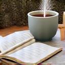 An alarm clock next to a journal and a cup of herbal tea, symbolizing an evening routine.