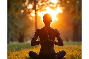 A person stretching outdoors at sunrise, embodying mindful movement and stress relief.