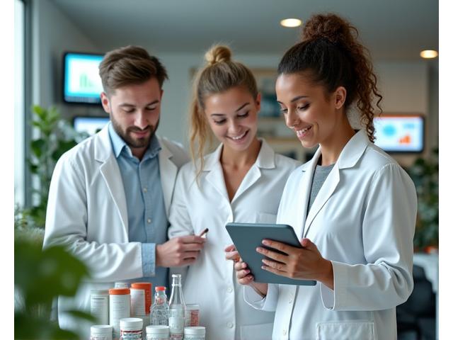 A diverse group of wellness experts, including a nutritionist, a fitness coach, and a tech specialist, collaboratively evaluating health products in a clean, brightly lit lab-like setting, with clear scientific instruments and data charts visible. They embody trust and credibility.