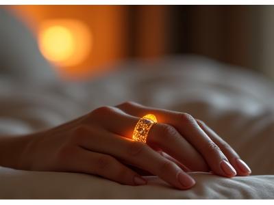 A silver Oura Ring Gen 3 on a person's finger, illuminated by a gentle glow, signifying health tracking and sleep optimization.